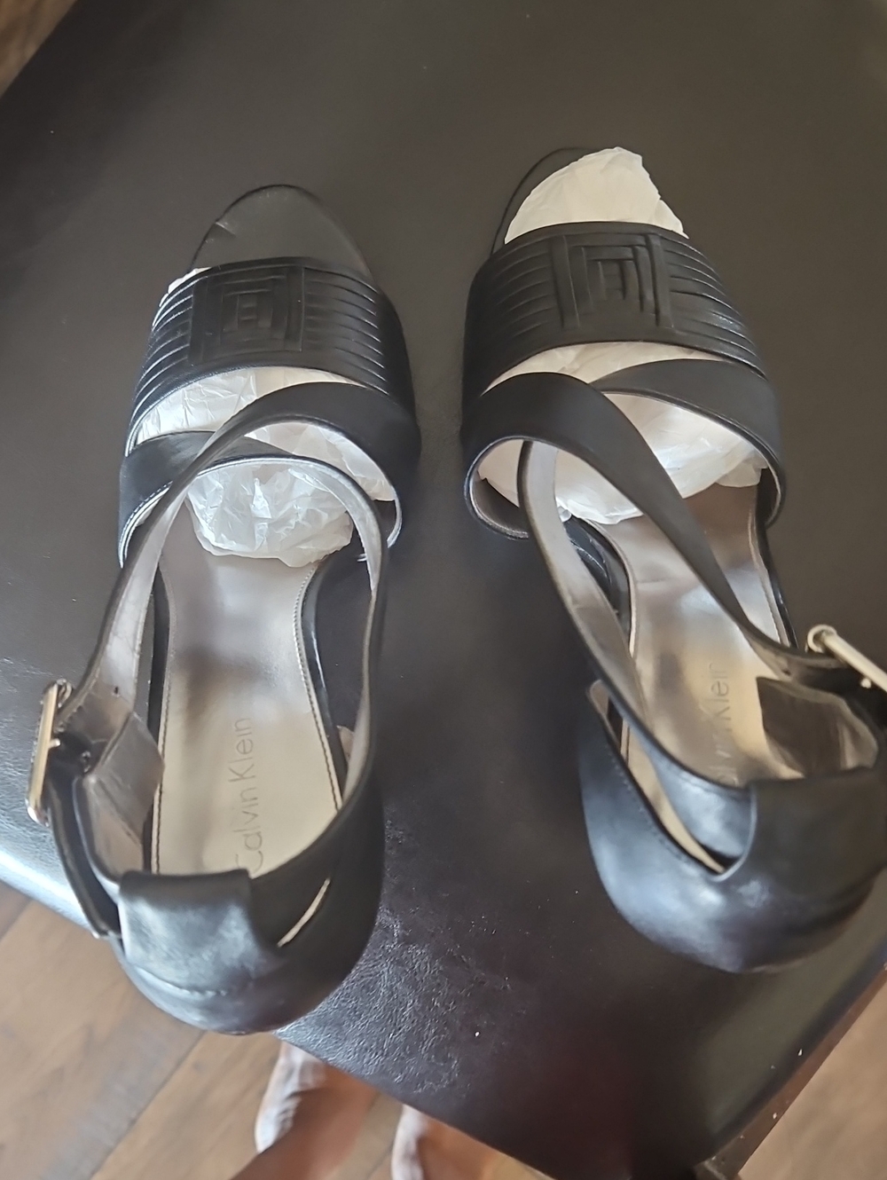 Calvin Klein Black Leather Peep-Toe Slingback Heels